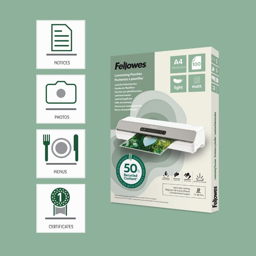 0043859813872-Fellowes - 100 pochettes de plastification A4 - recyclé - mates--5