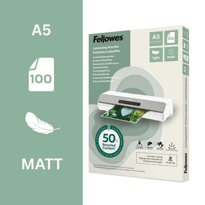 0043859813841-Fellowes - 100 pochettes de plastification A5 - recyclé - mates--1