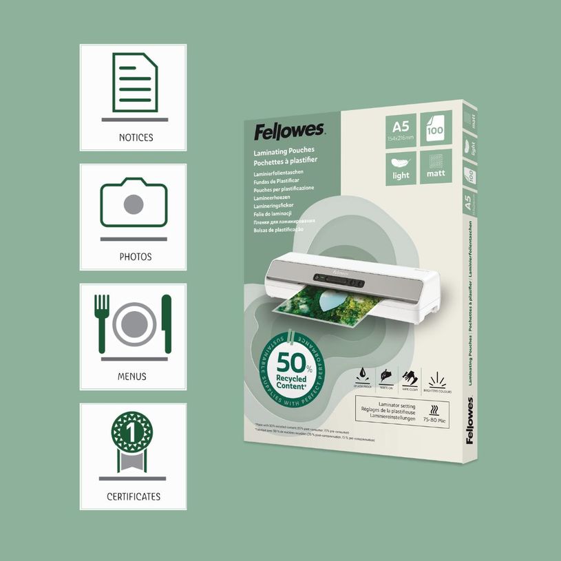 0043859813841-Fellowes - 100 pochettes de plastification A5 - recyclé - mates--5