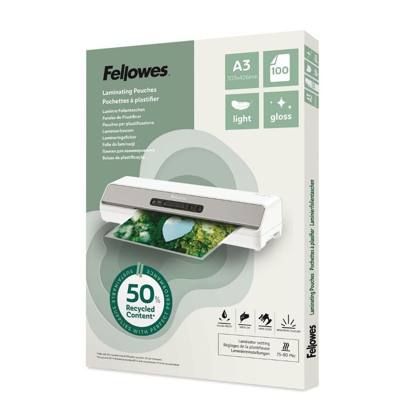 0043859813360-Fellowes - 100 pochettes de plastification A3 - recyclé - brillantes--0