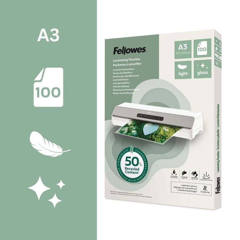 0043859813360-Fellowes - 100 pochettes de plastification A3 - recyclé - brillantes--1