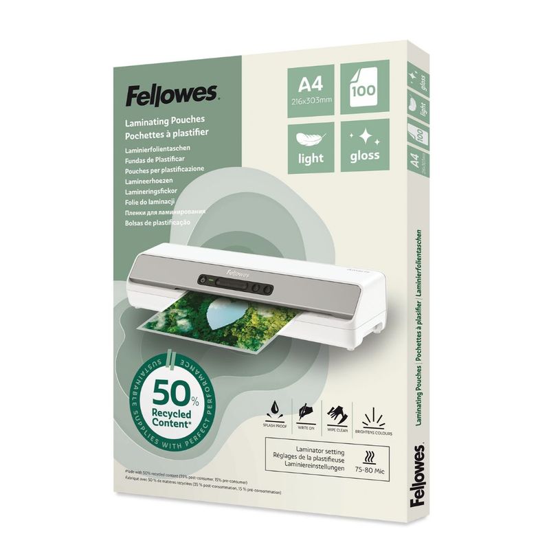 0043859813353-Fellowes - 100 pochettes de plastification A4 - recyclé - brillantes--0