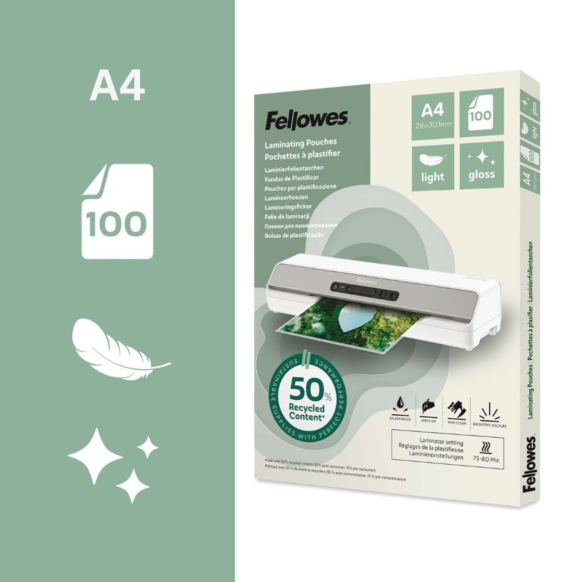 0043859813353-Fellowes - 100 pochettes de plastification A4 - recyclé - brillantes--1