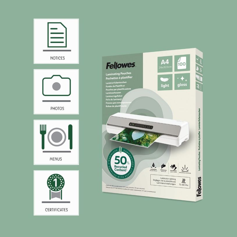 0043859813353-Fellowes - 100 pochettes de plastification A4 - recyclé - brillantes--5