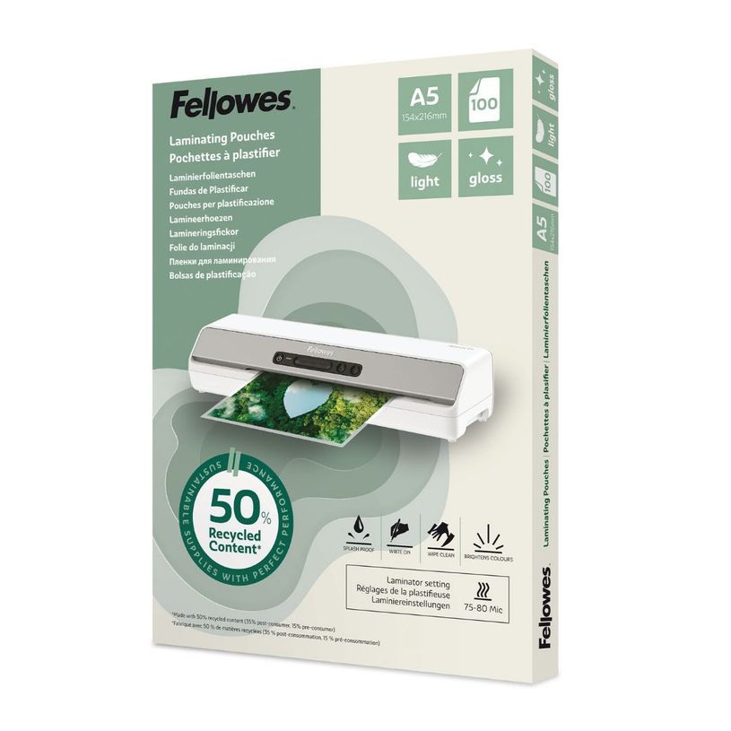 0043859813926-Fellowes - 100 pochettes de plastification A5 - recyclé - brillantes--0