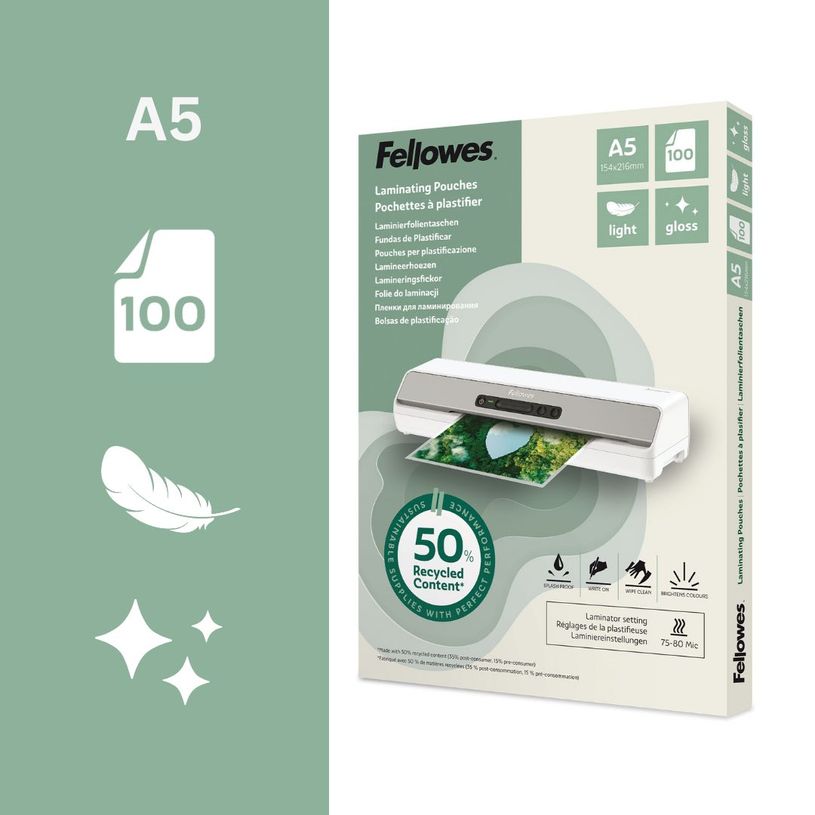 0043859813926-Fellowes - 100 pochettes de plastification A5 - recyclé - brillantes--1