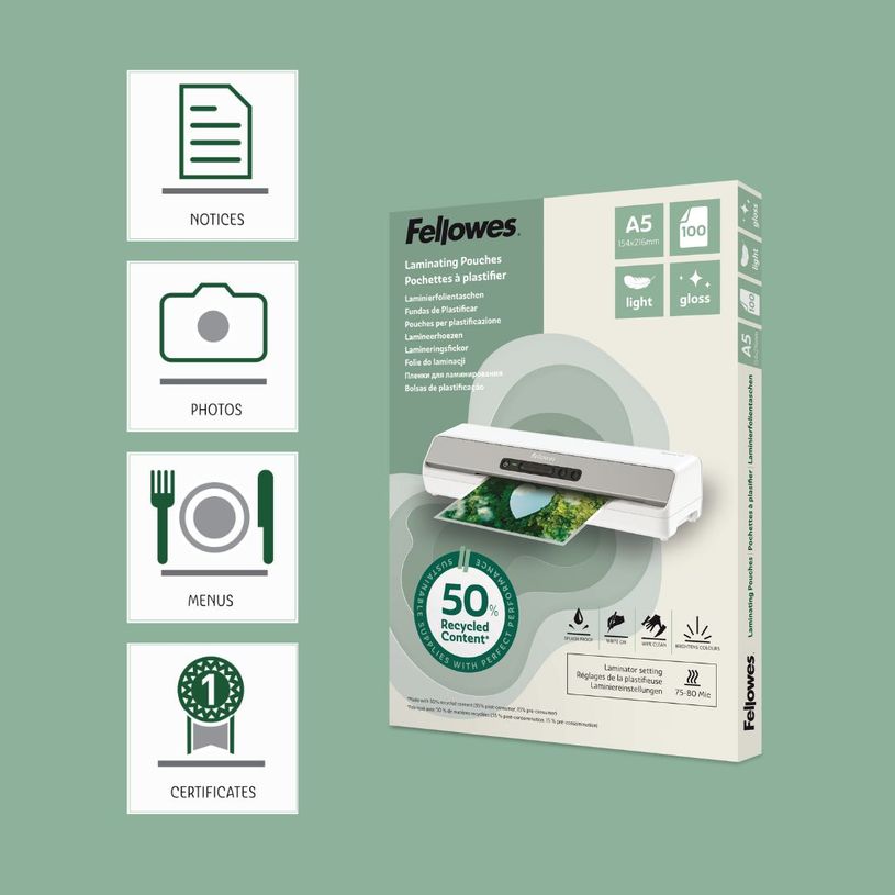 0043859813926-Fellowes - 100 pochettes de plastification A5 - recyclé - brillantes--5