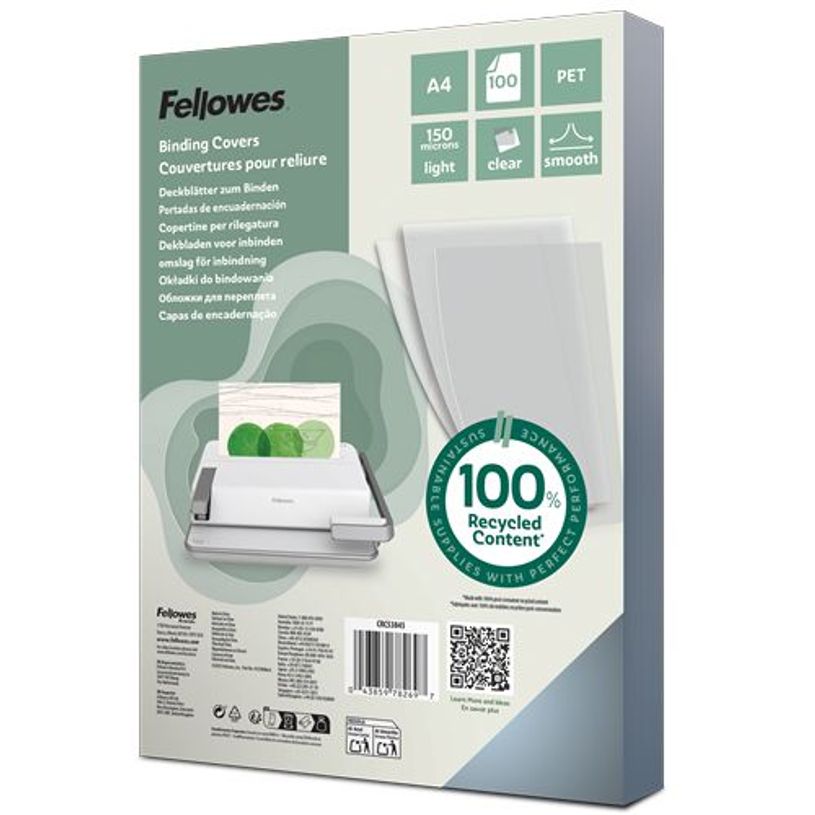 0043859782697-Fellowes - 100 couvertures à reliure A4 (21 x 29,7 cm) - 150 microns - 100% recyclé -  transparent--0
