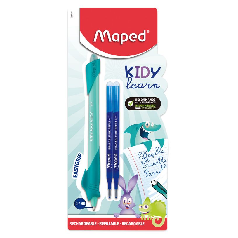 3154142295019-MAPED - Stylo d'apprentissage effaçable KIDY LEARN MAGIC + 2 recharges - encre bleue - décors assorti--0