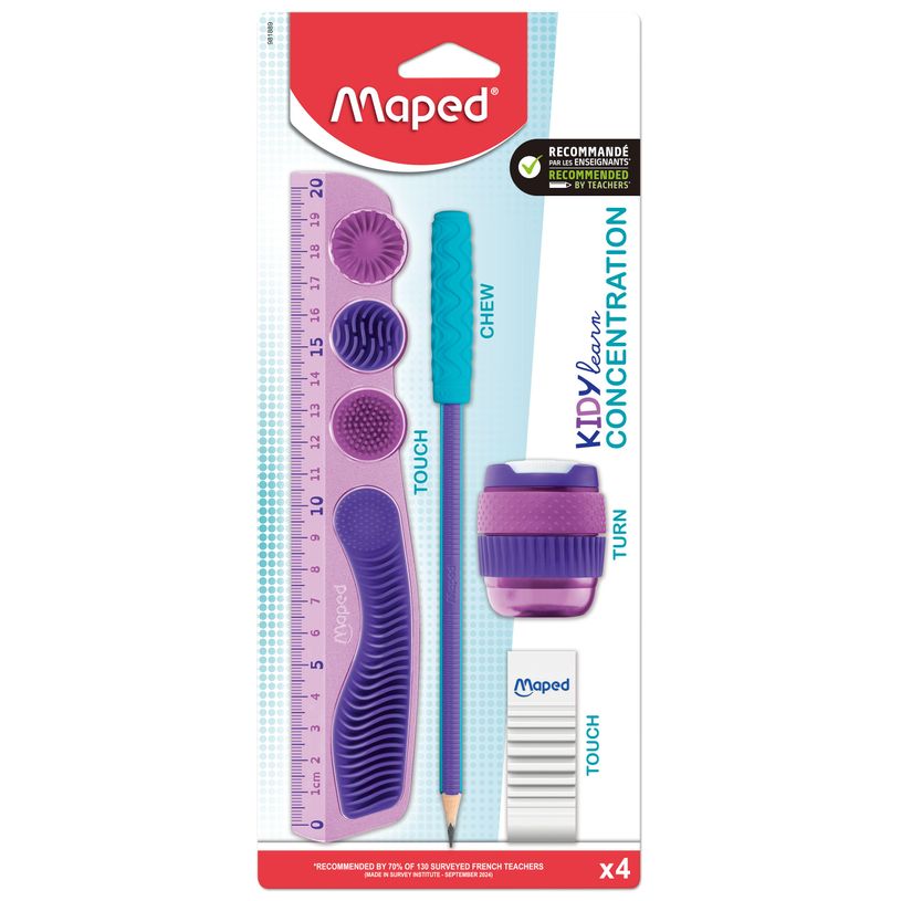3154149819898-MAPED - Kit Kidy Learn Concentration - 4 pièces (1 règle, 1 gomme, 1 taille-crayons, 1 crayon graphit--0