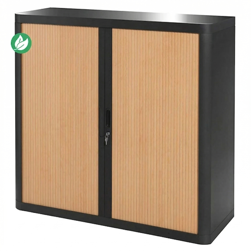 -Armoire métallique basse monobloc à rideaux - 105x120x45cm - noir/hêtre--0