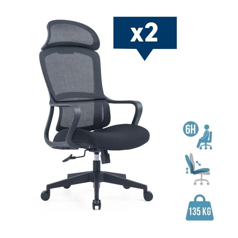 -Lot de 2 fauteuils de bureau RICHARD - accoudoirs fixes - têtière intégré - noir--0