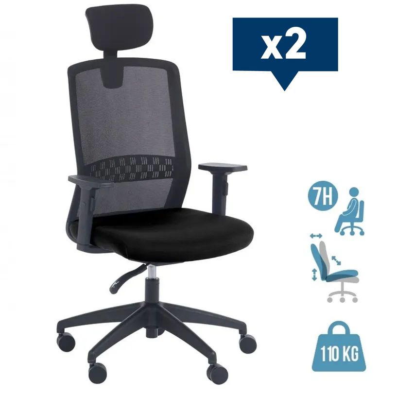 -Lot de 2 fauteuils de bureau TECKNET - accoudoirs réglables - appuie-tête réglable - noir--0