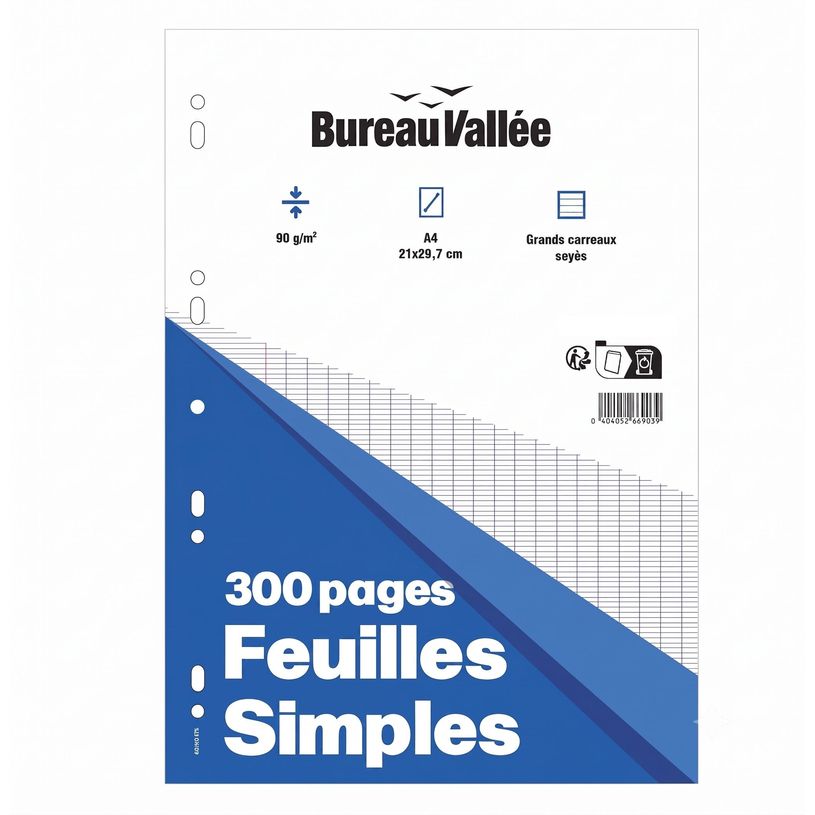 -Feuilles Simples- 300 pages - A4 - Grands carreaux - Perforées - Bureau Vallée--0