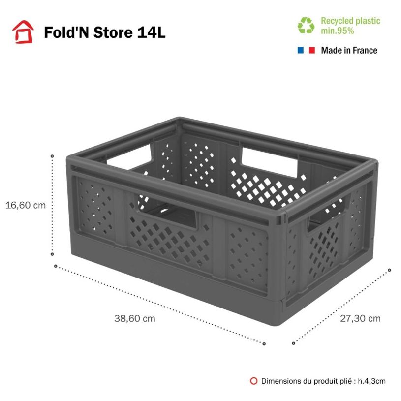 3234530015334-Sundis Fold'n store - Casier pliant M - 14L - L27,3xH16,6xP38,6 cm - gris --1
