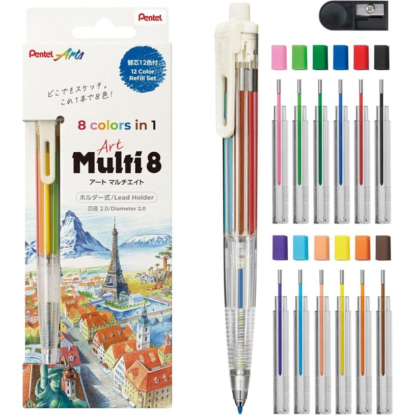 4902506427823-Pentel Art Multi8 - Set complet  XPH804ST : Porte-mine 8 couleurs + 12 recharges + 1 taille-mine--0