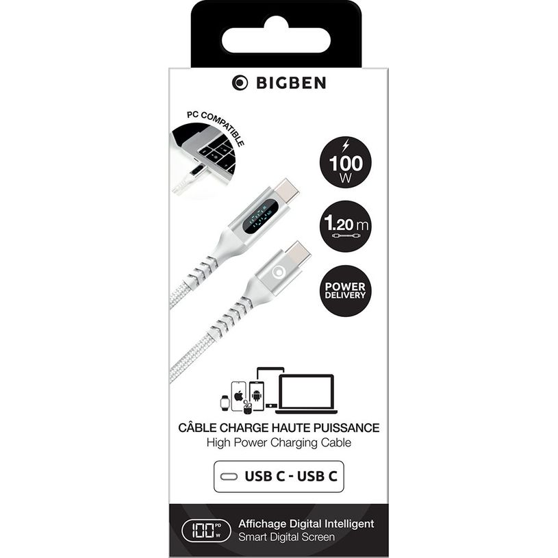 3571211551829-Bigben Connected - Câble USB-C vers USB-C - Tissé avec écran - 1.2m - Blanc--3