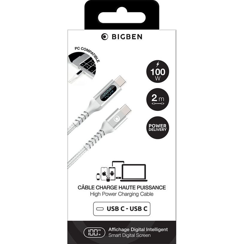 3571211551836-Bigben Connected - Câble USB-C vers USB-C - Tissé avec écran - 2m - Blanc--3
