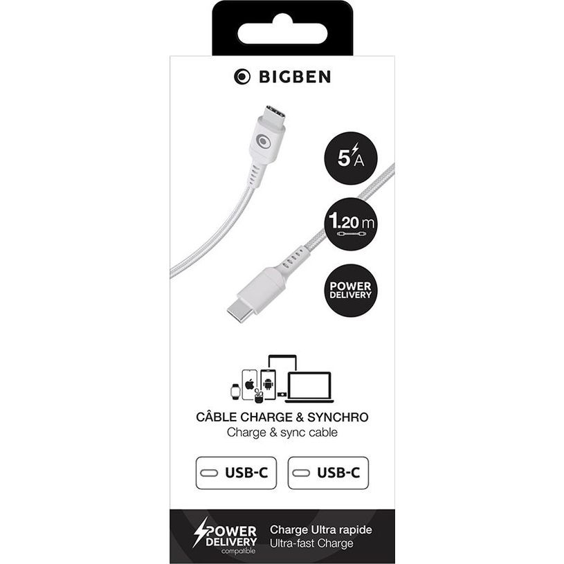 3571211538417-Bigben Connected - Câble USB-C vers USB-C - Tissé - 1,2m - Blanc--3