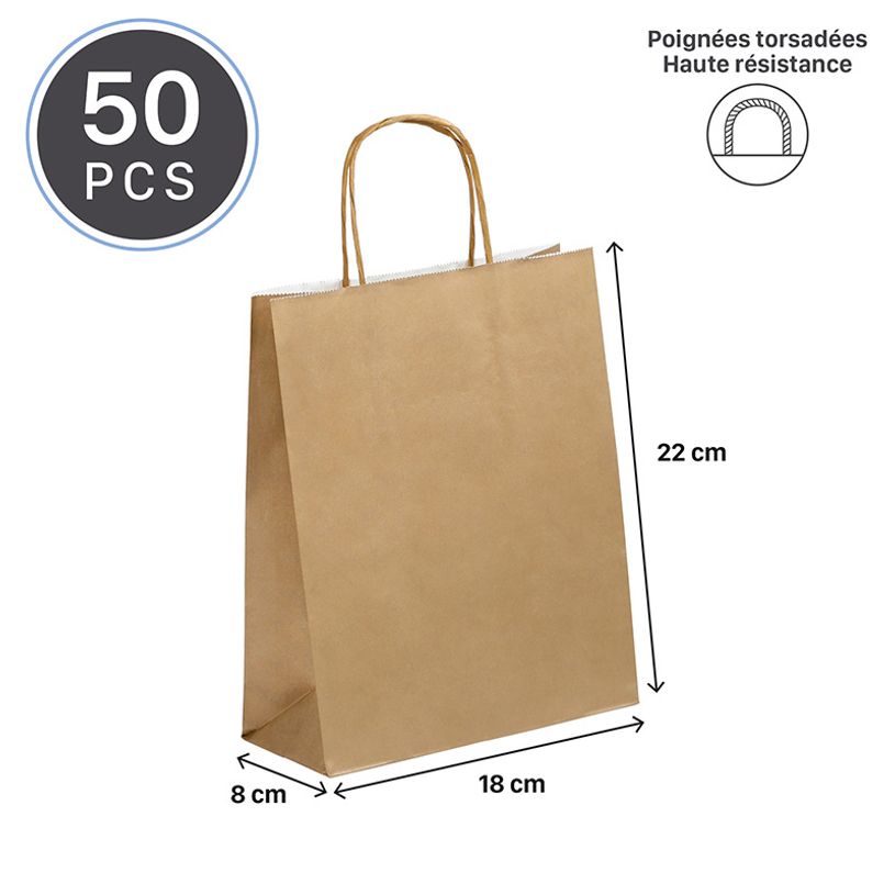3135250988840-50 Sacs cadeau kraft - poignées torsadées - 18 cm x 8 cm x 24 cm - or--1