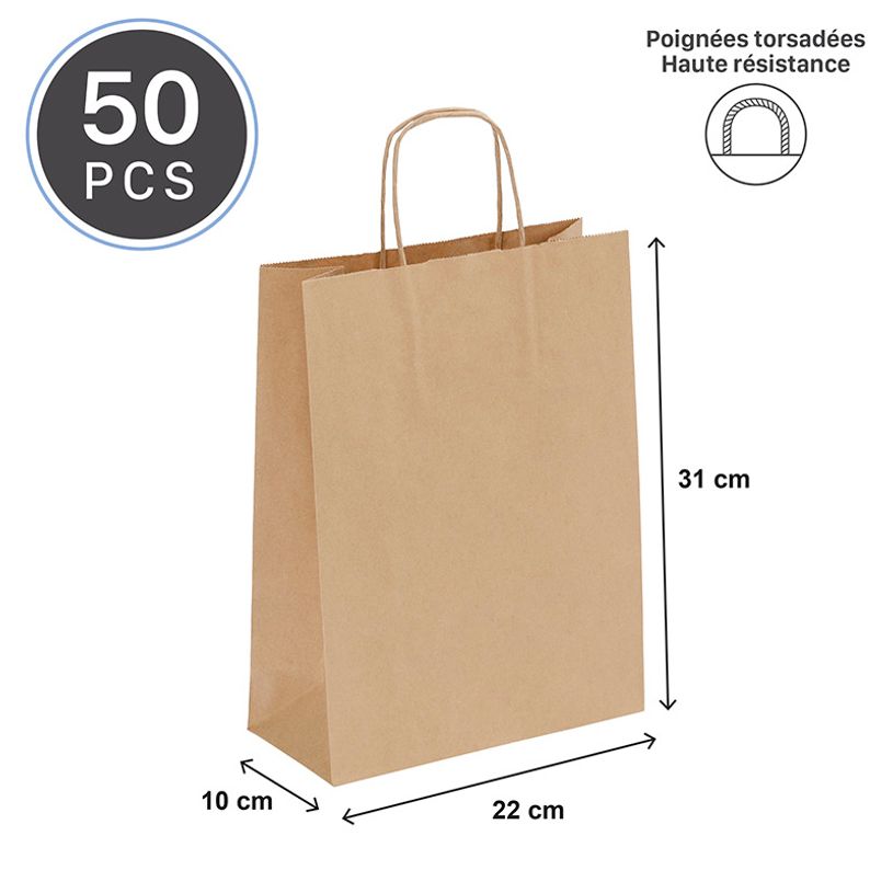 3135250985498-50 Sacs cadeau kraft - poignées torsadées - 22 cm x 10 cm x 31 cm - brun--1