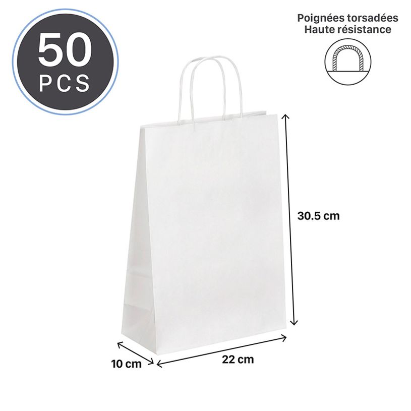 3135250985504-50 Sacs cadeau kraft - poignées torsadées - 22 cm x 10 cm x 31 cm - blanc--1
