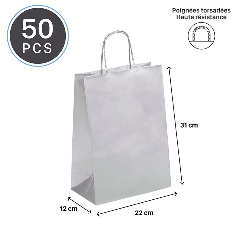 3135250988918-50 Sacs cadeau kraft - poignées torsadées - 22 cm x 10 cm x 31 cm - argent--1