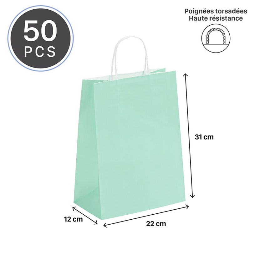 3135250988925-50 Sacs cadeau kraft - poignées torsadées - 22 cm x 10 cm x 31 cm - vert pastel--1