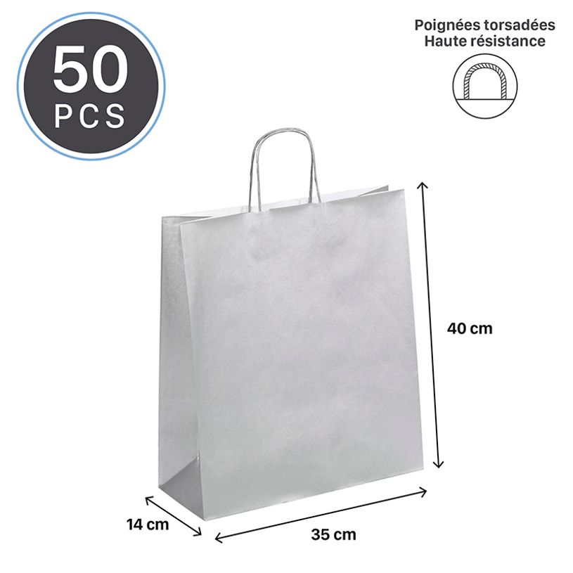 3135250988970-50 Sacs cadeau kraft - poignées torsadées - 35 cm x 13 cm x 40 cm - argent--1