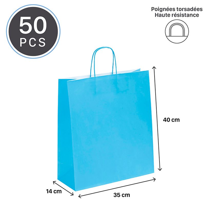 3135250989007-50 Sacs cadeau kraft - poignées torsadées - 35 cm x 13 cm x 40 cm - turquoise--1
