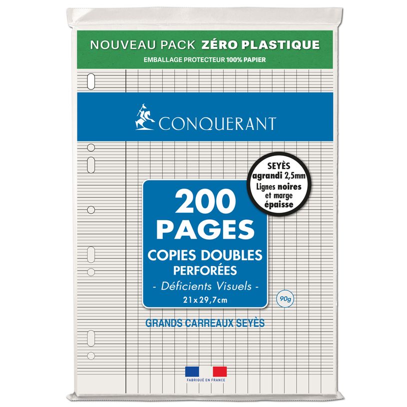 3020120282329-Conquérant - Copies Doubles pour déficients visuels - 200 pages - A4 - Grands Carreaux (Seyès 2,5mm)--0