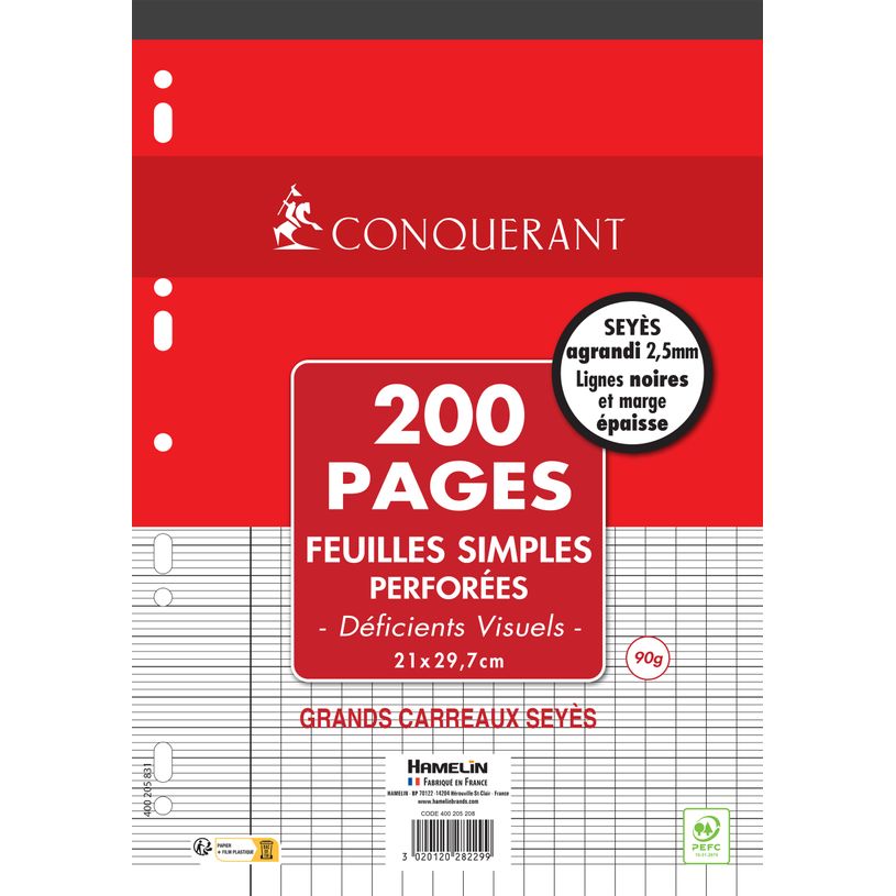 3020120282299-Conquérant - Feuilles Simples pour déficients visuels - 200 pages - A4 - Grands Carreaux (Seyès 2,5m--0