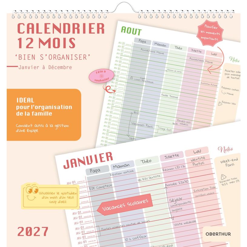 3664447230108-Oberthur Bien s'organiser - Calendrier d'organisation mensuelle - fixation murale - mois à afficher - 12 feuilles - 6 colonnes - 300--0
