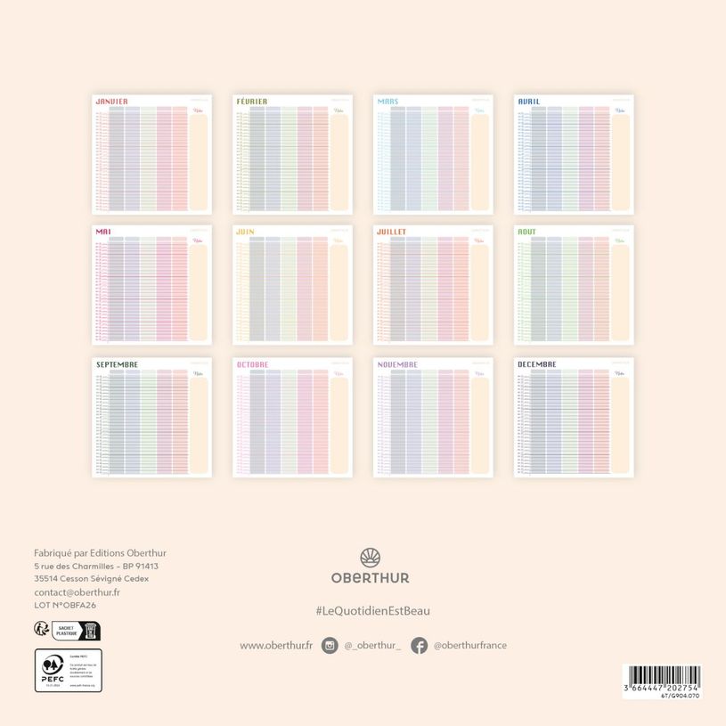 3664447230108-Oberthur Bien s'organiser - Calendrier d'organisation mensuelle - fixation murale - mois à afficher - 12 feuilles - 6 colonnes - 300--1