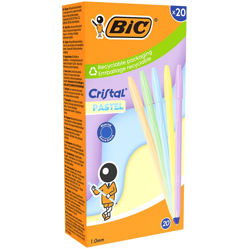 3086124134637-BIC - Boîte 20 Stylos Bille - Cristal - Corps Pastel Assortis - Encre Bleue - 1 mm--0