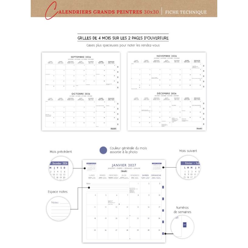 3494150185293-Calendrier mensuel 30X30cm GAUGUIN PAUL - 16 mois Aquarupella --1