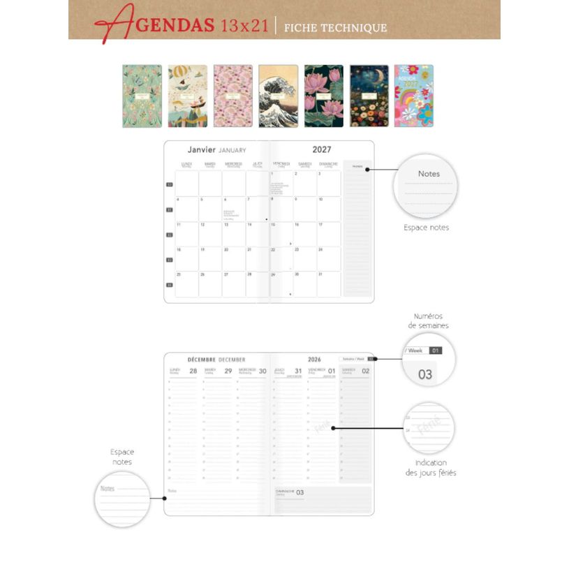3494150187495-Agenda semaine 13X21cm HERBIER ROSE -  12 mois Aquarupella --1
