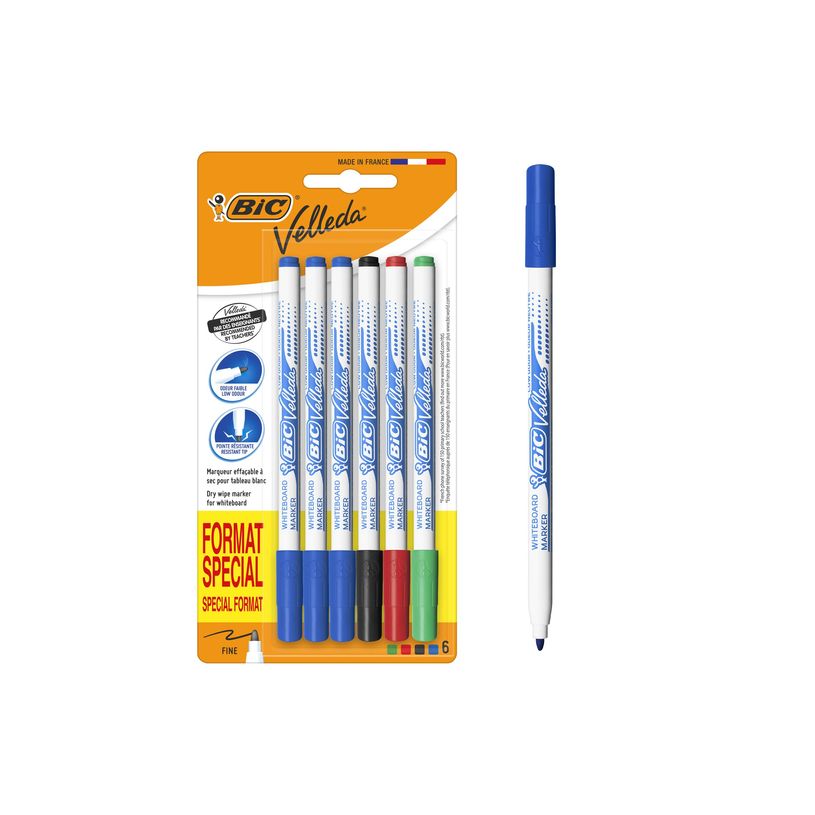 3086124172813-BIC – 6 feutres effaçables Velleda – pointe fine - 3 bleus, 1 noir, 1 rouge, 1 vert-P_405269094_1-2
