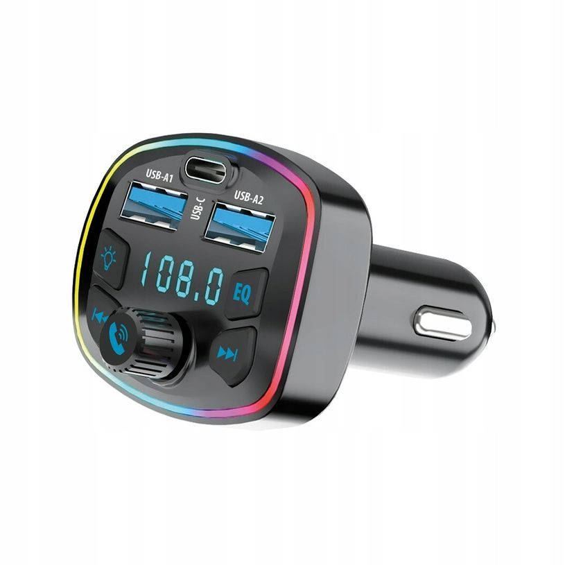 5907457722347-Forever – Chargeur voiture Bluetooth avec transmetteur FM – Kit mains libres micro intégré – 2 USB‑A + 1 USB‑C – Lecteur mi--0