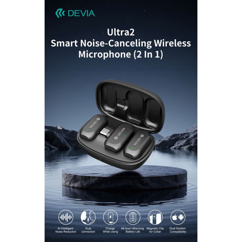6942297141261-Devia - Pack 2 microphones cravate 2-en-1 sans fil - Boîtier de recharge - Transmetteur USB-C - noir--5