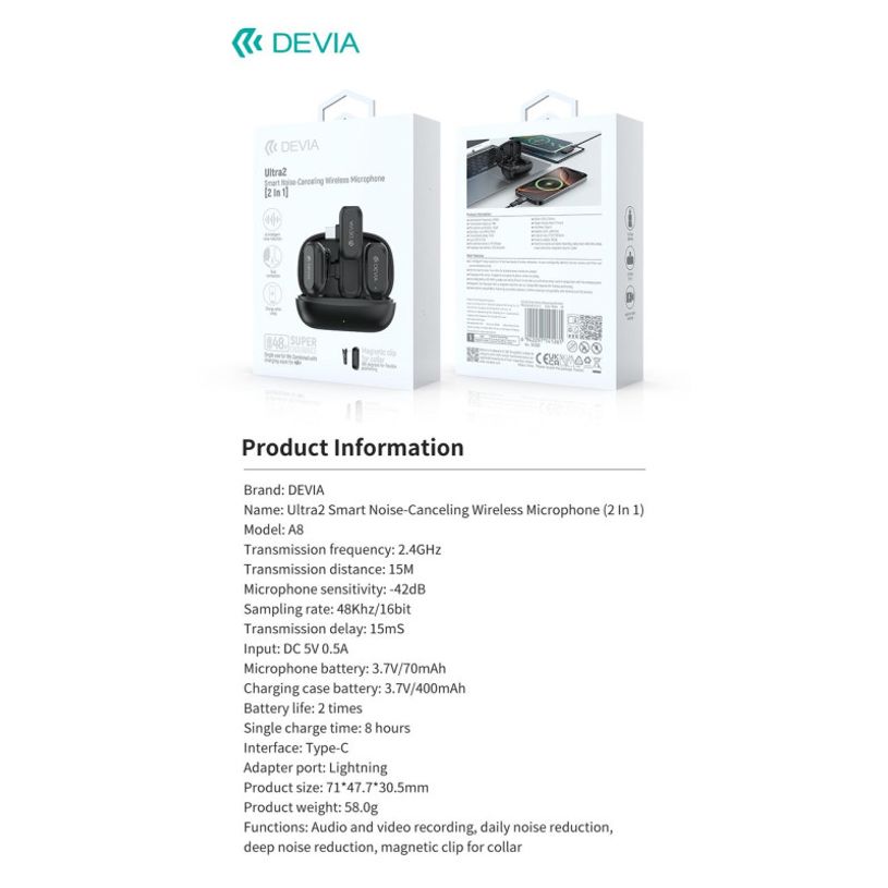 6942297141261-Devia - Pack 2 microphones cravate 2-en-1 sans fil - Boîtier de recharge - Transmetteur USB-C - noir--10