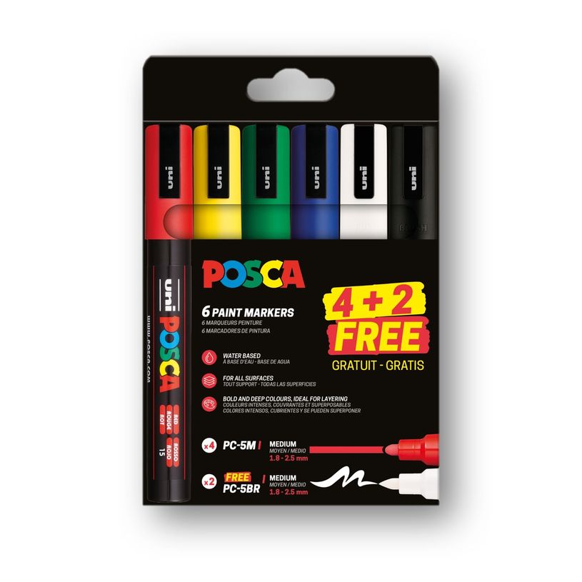 3701614902816-POSCA – Lot de 6 marqueurs couleurs assorties à pointes fines et brush--0