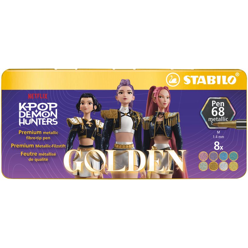 4006381632539-STABILO Pen 68 metallic KPop Demon Hunters - Feutre métallisé - Boîte métal de 8--0