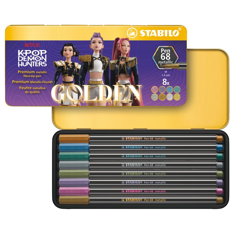 4006381632539-STABILO Pen 68 metallic KPop Demon Hunters - Feutre métallisé - Boîte métal de 8--2