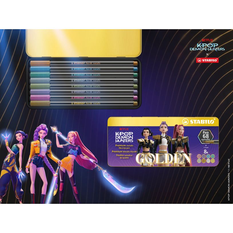 4006381632539-STABILO Pen 68 metallic KPop Demon Hunters - Feutre métallisé - Boîte métal de 8--3
