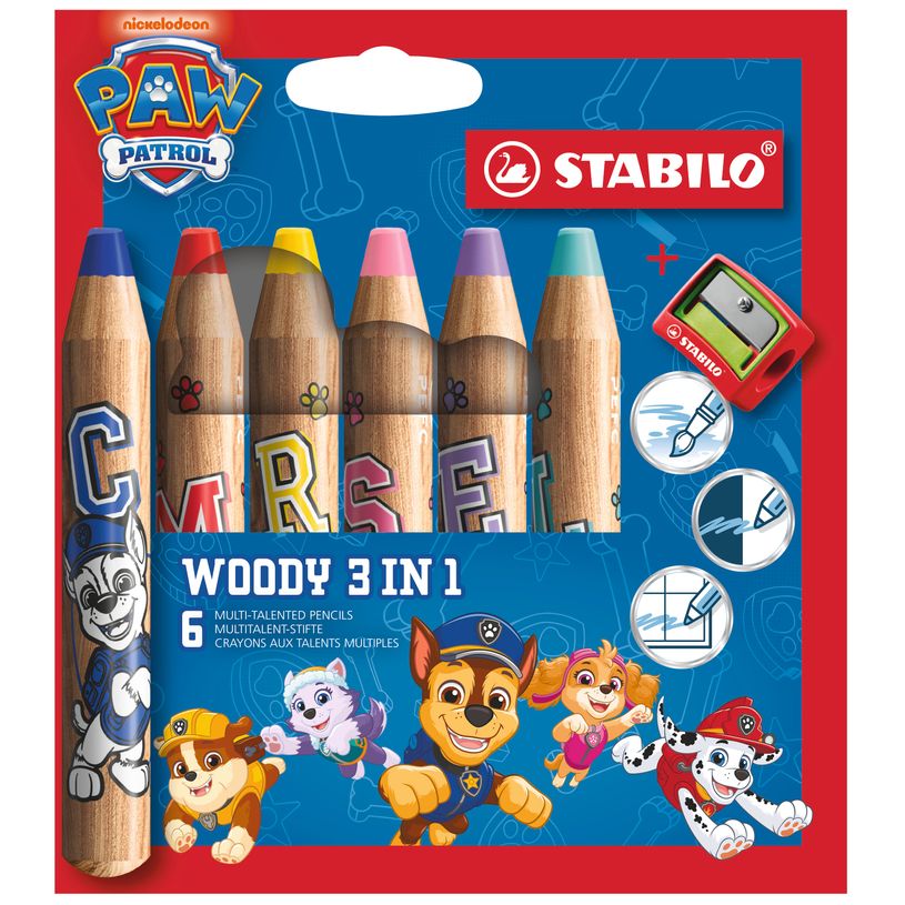 4006381631655-STABILO woody 3 in 1 Pat' Patrouille - Crayon multi-talents - Étui de 6 + 1 taille-crayon--0