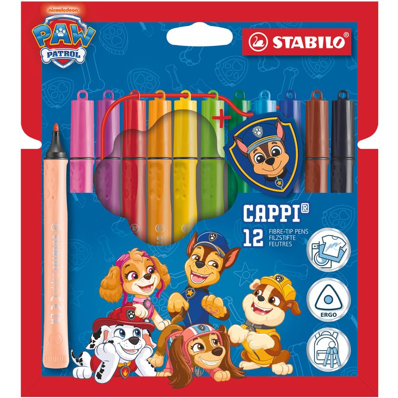 4006381631686-STABILO Cappi Pat' Patrouille - Feutre de coloriage - Étui carton de 12 + 1 lacet + 1 badge "Chase"--0
