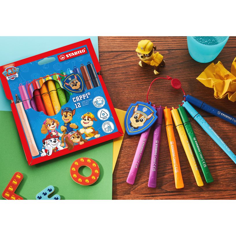 4006381631686-STABILO Cappi Pat' Patrouille - Feutre de coloriage - Étui carton de 12 + 1 lacet + 1 badge "Chase"--2