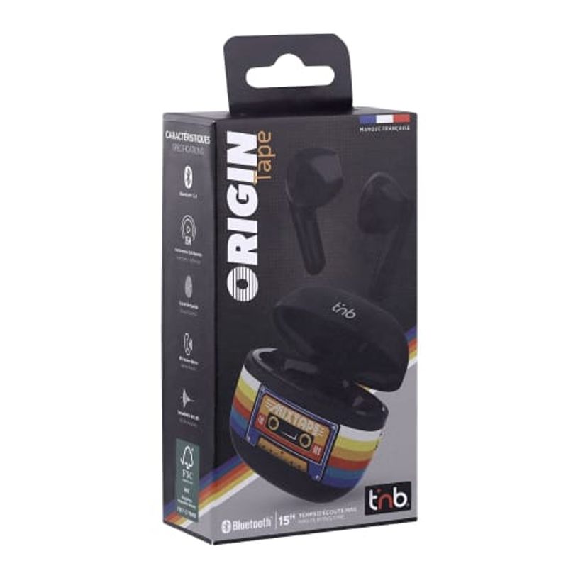 3303170124130-T'nB Écouteurs TWS ORIGIN TAPE Noir - Bluetooth 5.4, Autonomie 15h, Boîtier Charge--3