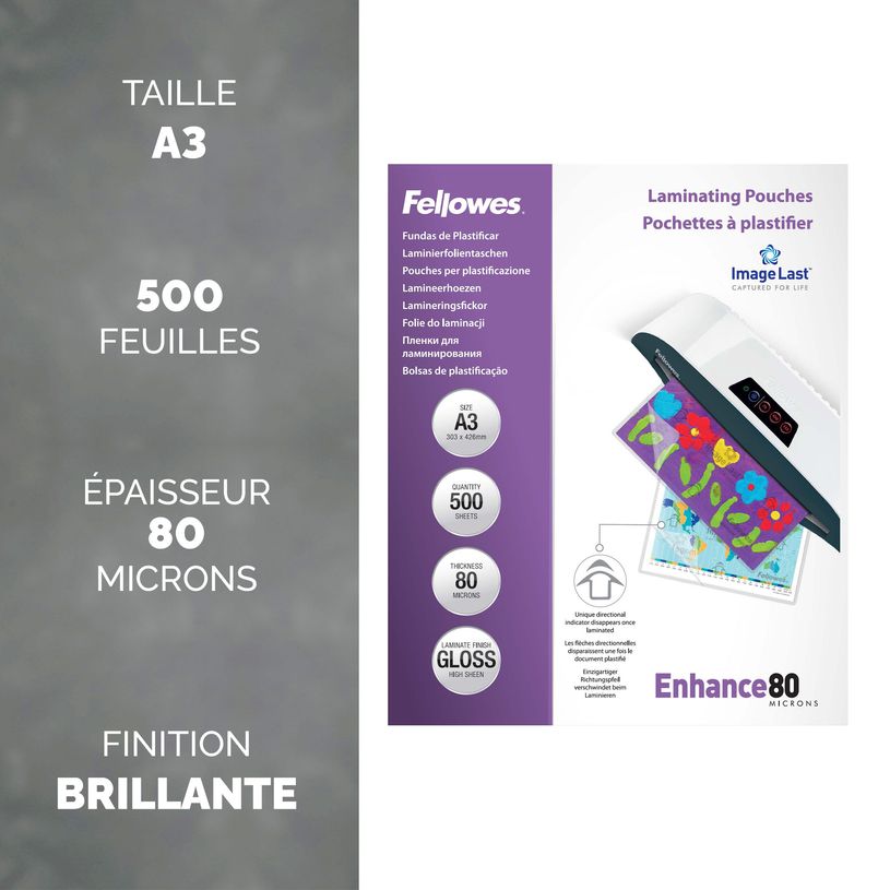 10043859814890-Fellowes - 500 pochettes de plastification A3 (303 x 426 mm) - 80 microns - brillantes--1